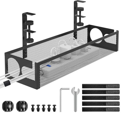 RERLYING Under Desk Cable Management Tray No Drilling, No Damage to Desk, Metal Mesh Cable Tray with Clamp for Desk, Under Desk Storage Cable Raceways for Office, Home, Black, 1 Pack