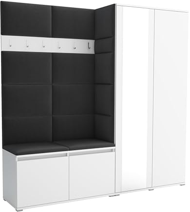 Brent - Flurgarderobe Luton 4, Garderobe Set: Schuhbank mit Sitzfläche, Garderobenpaneel, Garderobe mit Spiegel, Flur Möbel, Weiß + Polsterpaneele in Schwarz