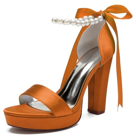 Donna Scarpe da Sposa Cinturino alla Caviglia Raso Punta Tonda Scarpe da Sposa Feste Serali Sandali con Tacco Grosso Aperta Stringate con Perla,Arancia,38 EU