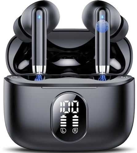 Wireless Earbuds, 2025 New Bluetooth 5.4 Headphones HiFi Stereo with 4 ENC Mic, 40H Mini Ear Buds In-Ear Noise Cancelling Earbuds with LED Screen, Ultra Light Bluetooth Earphones Black for Android iOS