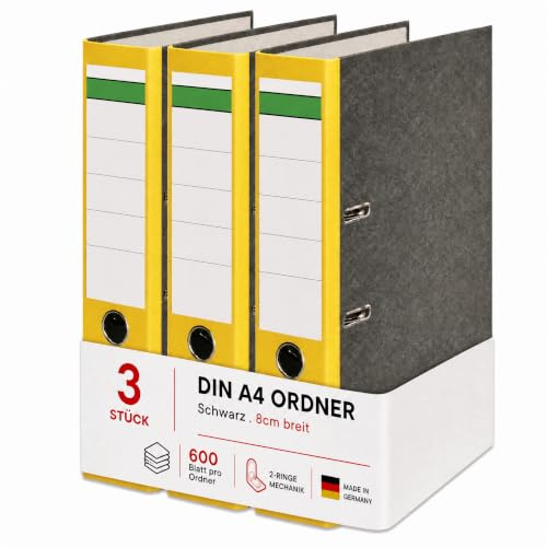Conipa Ordner A4 Breit 8 cm, 3 Stück, Gelb, für bis zu 600 Blatt | Robuste Aktenordner mit 2-Ring-Hebelmechanik, Griffloch und Recyclingkarton – für Büro, Schule & Homeoffice, Made in Germany