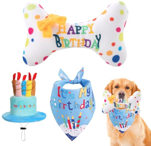 Hunde Geburtstag Kuchen, Geburtstag Hund Knochen-Plüschtier,Hund Kuchen Knorpel, Weich und Quietschend, Enthalten Geburtstagshut Hunde und Halstuch
