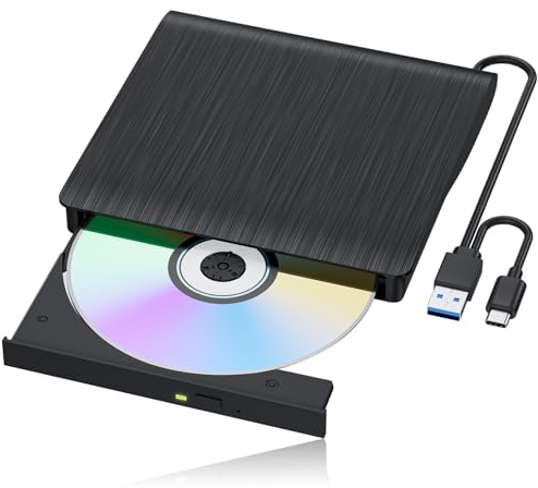 LLMHHKYK External CD/DVD Drive for Laptop, USB 3.0 & Type-C CD Burner, Portable DVD Player, Slim External Optical Drive Plug and Play, CD/DVD RW, Compatible with PC, Mac, Linux (2 in 1 Black)