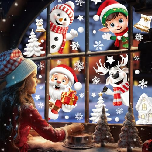 155 Stück Fensterbilder Weihnachten,Selbstklebend PVC Weihnachtsdeko Fenster mit Weihnachtsmann, Rentieren und Schneemännern für die Winterferien, Fensterdekorationen im Innenbereich und Aufkleber