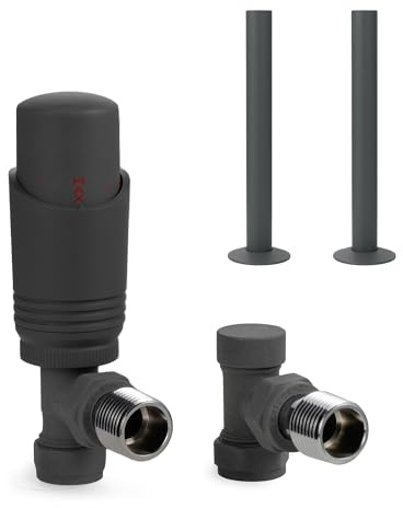 VANCOCO Anthracite Grey Thermostatic Radiator Valve 1/2×15mm Angled with Lockshield + 130mm×15mm Radiator Pipe, Thermostat TRV Set, H62 Brass, Energy Saving