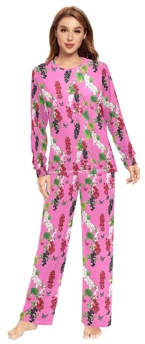 Conjunto de pijama de 2 piezas para mujer, color rojo, negro, blanco, fruta, rosa intenso, cómodo, para hombre, ropa de dormir, Grosella, rojo, negro, blanco, fruta, rosa intenso, Large