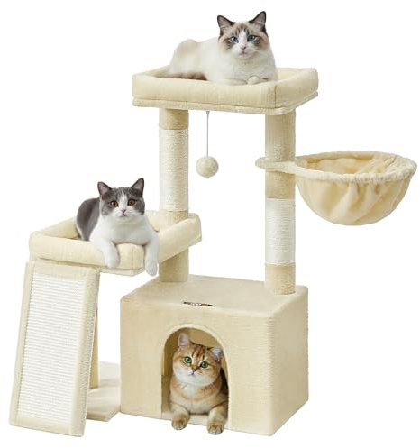 Feandrea klösträd, kattträd med klöspelare, ramp, kattklösträd, 2 stora plattformar, grotta och korg, 85,8 cm högt, sandbeige PCT013LF01
