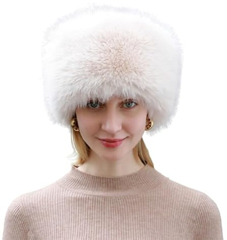 fdsmall Chapeau en Fourrure synthétique pour Femmes Hiver avec écharpe à Oreilles et Casquette de Ski Russe cosaque Chaude pour Dames (Blanc)
