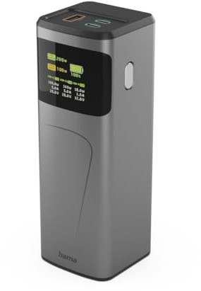 Hama Power Pack „High Power (externer Akku mit 200 Watt Schnellladung, Power Delivery und Quickcharge, 24000 mAh, 2X USB-C, 1x USB-A, Akkuanzeige, kompaktes Reiseformat, Zertifiziert) grau