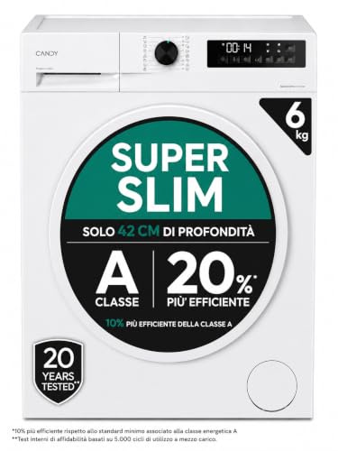 Candy ProWash 300 Lavatrice Super Slim 6 Kg, 1000 Giri, Classe A | Motore Inverter BPM, Vapore, Cicli Rapidi, Partenza Ritardata, 16 Programmi, 70 dB, GD 06SS6-S