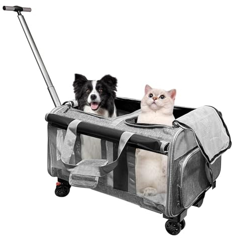Umelee Transportväska för 2 katter/hundar, med 2 fack + 4 hjul + teleskopiskt handtag, vikbar transportväska för stor katt upp till 20 kg, perfekt för veterinärbesök, bilresor (grå)