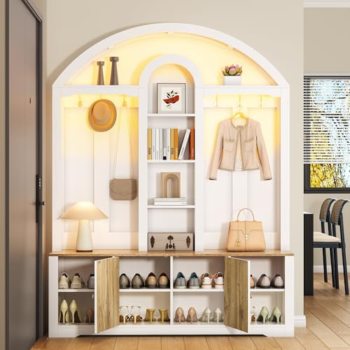 KecDuey Eingangsbereichsschrank,Multifunktionaler Kleiderschrank mit Schuhregal, Ablagen und Haken,Garderobenschrank aus robustem MDF mit modernem Design und praktischem Stauraum (Weiß)