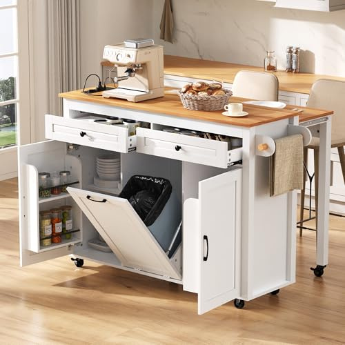 îlot Central sur Roulettes 120× 40-75 × 92cm, Grande Table de Cuisine Mobile, avec Plan de Travail Pliable, 2 Tiroirs, 2 Portes avec Rangement avec Étagère Range, avec Compartiment Poubelle (Blanc)