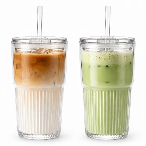 ALINK 2er Pack Geriffelte Glasbecher mit Deckel und Strohhalmen – 450 ml Eiskaffee-Becher, Smoothie- und Cocktail-Trinkgläser, klares Glasgeschirr für zu Hause oder fürs Café