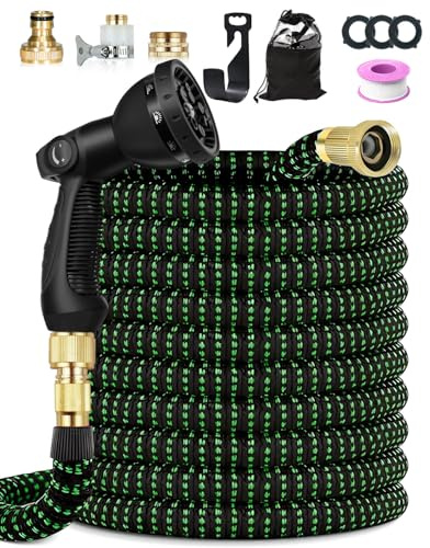 Garden Hose Pipe, 30M/100FT Expandable Garden Hose, 10 Spray Mode Hosepipe for Garden, 4 Layer Latex, 3/4&1/2 Metal Connectors, Hands-Free Spray Gun, Flexible & No-Leak Water Hose for Washing, Green