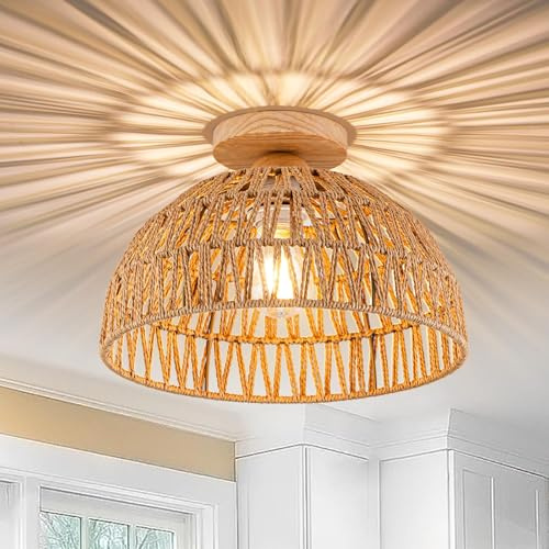 COOINJOY Handgefertigte Rattan Deckenleuchte im Boho Stil – Natürliche Hängelampe aus Jute mit Holz Baldachin für Wohnzimmer, Flur Schlafzimmer & Esszimmer(keine E27 Glühbirne)