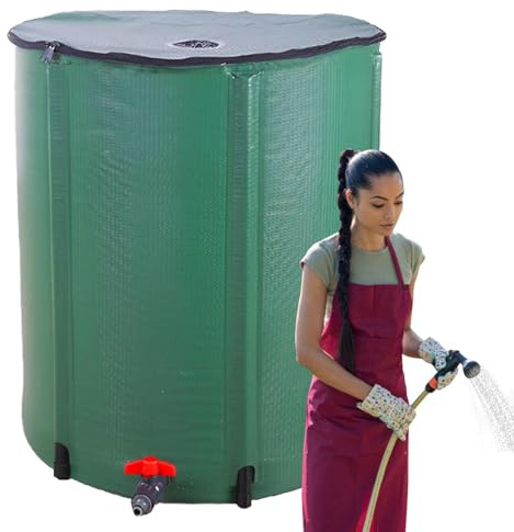 Barile da pioggia – Contenitore pieghevole grande per riporre l'acqua piovana con filtro, rubinetto e kit di troppopieno | serbatoio per raccolta 'acqua piovana, per giardino e per grondaia