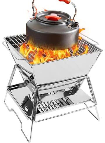 Estufa de leña para acampar, Estufa de leña portátil,Mini estufa de para barbacoa de acero inoxidable - Práctica estufa de plegable para exteriores, quemador de para parrilla de barbaco
