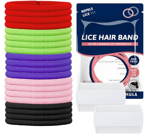 XAVURO 20 Piezas Gomas para el Pelo Antipiojos para Niños, con 2 Peines de Dientes Finos Extra para Combatir Piojos, Accesorio Elástico Colorido para Prevenir la Infestación de Piojos