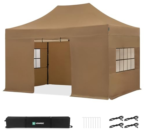 VONROC Gazebo Tenda per Feste 3x4,5 m con Pareti Laterali – Easy‑Up, Impermeabile 420D PVC, UV 50+, Struttura in Acciaio, Borsa con Ruote Beige