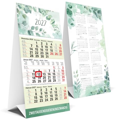 TOBJA® 3 Monatskalender 2027 Tischkalender Eukalyptus mit Datumsschieber | Tischaufsteller 18,5x9,8 cm - Abreißkalender mit Jahresübersicht, Kalenderwochen & Feiertagen, FSC-Papier | Eukalyptus grün