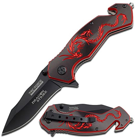 Tac-Force Folding Pocket Knife – Black Fine Edge Stainless Steel Blade, Black Aluminum Handle with Red Dragon, Rope Cutter, Glass Punch, Pocket Clip, Tactical, EDC, Rescue - TF-759BR