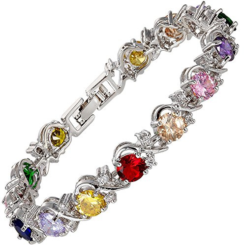 RIVA blomma tennis armband [18 cm/7 tum] med rundslipning ädelsten zirkon CZ [6 färger tillgängliga] i 18 K vitguld förgylld, enkel modern elegans e förgyllda, colore: flerfärgad, cod. LB1223MXA