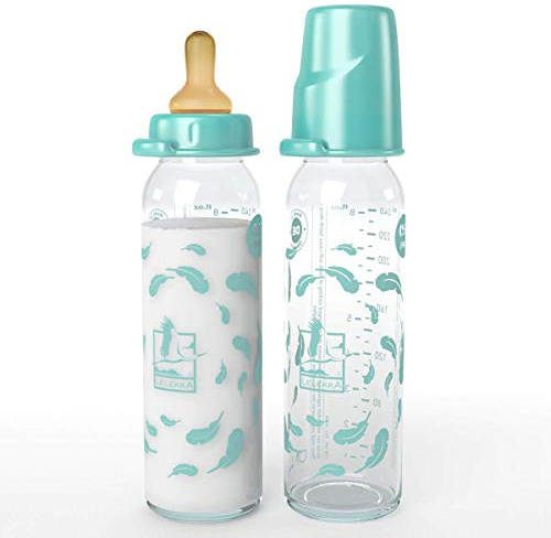 Lelekka Glas Flasche Boy // 2er Set // Glas-Babyflasche // Standardglasflasche 250 ml // Trinksauger Größe M (LATEX / Milch / ab 0 Monate)