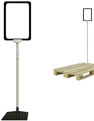 Plakatständer DIN A4 Rahmen schwarz, Teleskopständer höhenverstellbar bis 1510 mm mit Teleskoprohr ALU Kunststoff, Fuß eckig 160x192 mm Stahl schwarz, Kundenstopper, Aufsteller für Paletten Ware