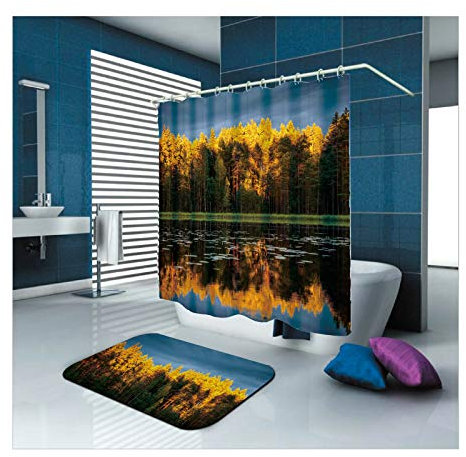 Daesar Badematten WC Vorleger 40x60 Bäume am See Badvorhang 180x180 cm Anti-Schimmel, Badezimmerteppich Set 2 Stück