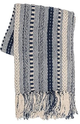 RAJRANG BRINGING RAJASTHAN TO YOU Manta de Tiro Rayado con Trenzas de algodón 50x60 Pulgadas Suave acogedora Azul Marino con boras Decorativas para sofá Silla de sofá decoración del hogar