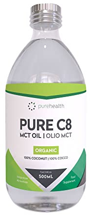 Pure Organic C8 MCT Oil Glass Bottle, Triple Steam Distilled, Premium 100% Coconut Zero Palm Oil, Perfect for Keto Diets, IF (Fasting) & Bulletproof Coffee, Non-GMO (500ml Glass Bottle)