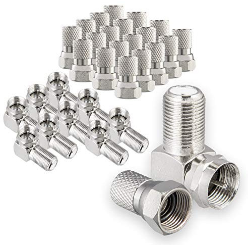 HB-DIGITAL Kit d'adaptateurs coudés pour installations satellite : 20 fiches F (nickelées) + 10 adaptateurs coudés F [fiche F (SAT, mâle) vers fiche F femelle (SAT, femelle)] Connecteur d'angle droit