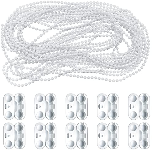Blinds Roller Cord, Bead Chain for Roman Vertical Blinds, White Plastic Roller Chain Spares Accessories with 10 Connectors for Window Blind 10m