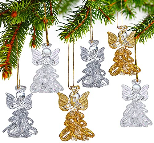 6pcs Glass Angel Ornaments Spun Angels Christmas Tree Ornaments 2.1 Colorful Mini Hanging Guardian Angel for Christmas Season Holiday Decor