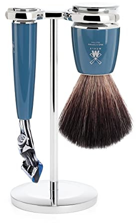 MÜHLE Rytmo Rasierset - Rasierer kompatibel mit Gillette-Klingen und Rasurpinsel Black Fibre, Halterung, Edelharz Griff petrol