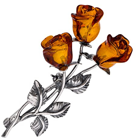 Brosche Sterling Silber 925 Baltische Bernstein Cognac Rose Geschenk für die Dame