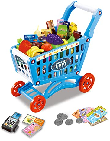 RedCrab Kinder Einkaufswagen Spielset, 54 Stück Kaufladen Zubehör Set, Übergröße Rollenspiel Trolley Cart, Lernspielzeug Geschenk ab 3+ Jahren Junge Mädchen