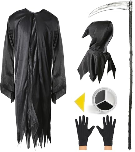 Costume da mietitore triste per bambini, 10-12 anni, vestaglia nera + falce da 134 cm + guanti, taglia L