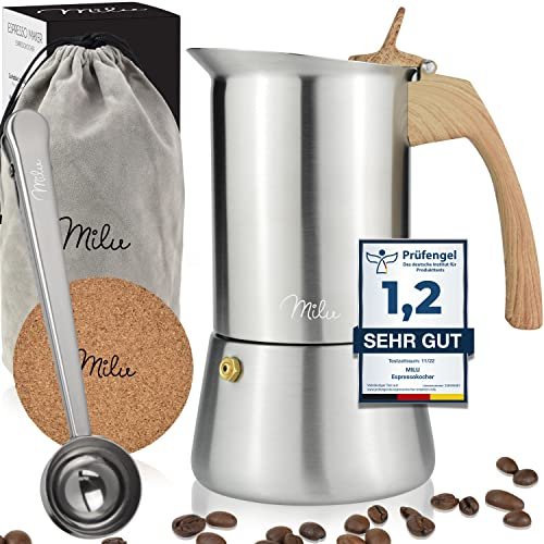 Milu Espresso Maker (2 Cup No Induction) | 2, 4, 6, 9 Cup | stainless steel Espresso Pot, Stovetop Moka Pot, Coffee Maker, Set including coaster, spoon, brush (Handle: Wood optics, 2 cups 100ml)