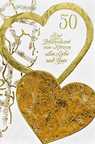 bsb Karte zur Goldenen Hochzeit - liebevolle Geschenke zur goldenen Hochzeit mit Herz-Motiv - Karte zur Goldhochzeit mit Umschlag - Hochzeitstag - Karte in 11,5 x 17,0 cm