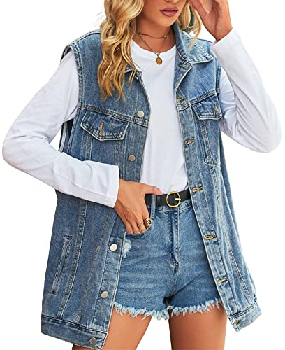 FindThy Women’s Vintage Denim Jean Vest Oversized Button Down Jean Waistcoat Gilet(1481-01Blue-M-aLB)