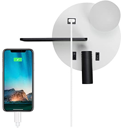 Wall light,Wall Lamp Indoor Bedroom Night Light Adjustable Reading Lamp Round Wall Light with Switch Bedside Lamp with USB Port and Qi Wireless Charger, White W