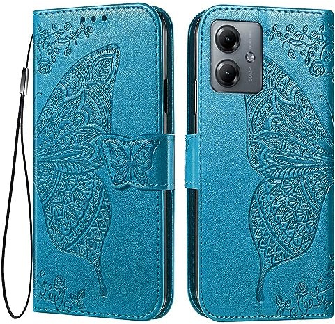 EASSGU Funda para Motorola Moto g14 (6.5 Inches) Flip Folio Carcasa Magnética de Cuero para Teléfono con 3 Ranuras para Tarjetas 1 Wallet, Case - Azul