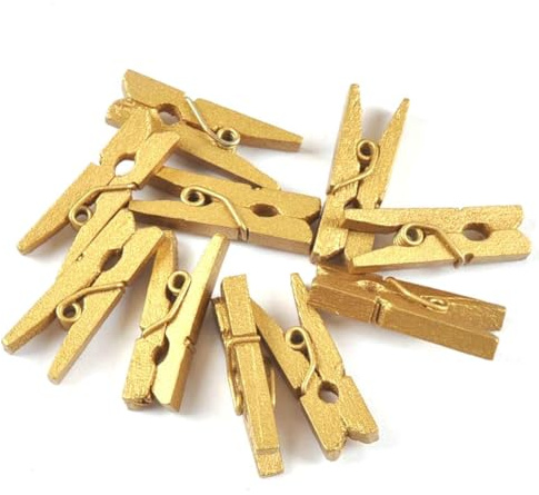 Egurs Lot de 150 mini pinces à linge en bois de 25 mm - Pinces décoratives en bois - Petites pinces décoratives - Pour bricolage, bricolage, mur photo, cartes postales, dorées