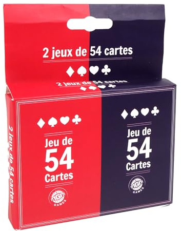 MGM GAMES - 2 Kartenspiele mit 54 Karten - Rot und Blau - 144634LINA - Kartenspiel - Karton - 2 bis 6 Spieler - Spielkarten - Gesellschaftsspiele - Reisespiele - Belote - Poker - Rami - 8,5 cm x 5,5cm