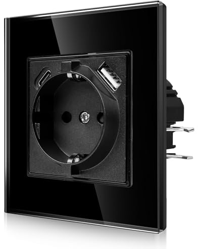 CNBINGO USB Steckdose mit Krallen, 1x USB-A/C, 1-Fach, Schwarz Glas | Schuko Steckdose Unterputz mit mit USB-Anschluss, Ausgabe 2.1 Amp, Einfach Wandsteckdose mit Kindersicherung