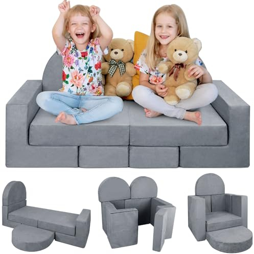 Babenest 7PCS Spielsofa für Kinder, Schaumstoff Bausteine für Zimmer, Modulares Kindersofa Weicher Kindermöbel Couch für Jungen und Mädchen Entwicklung Intelligenz (Grau)