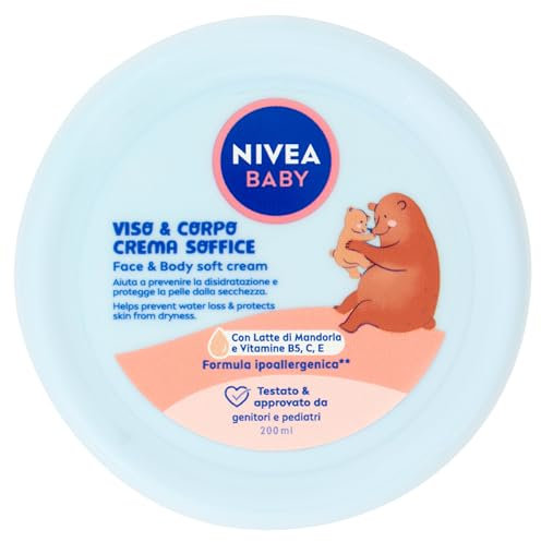 NIVEA Baby, Gesichts- & Körpercreme, weich, 200 ml, feuchtigkeitsspendende und pflegende Baby-Körpercreme, Gesichtscreme für Neugeborene mit Mandelmilch und Vitaminen, Baby-Körpercreme gegen
