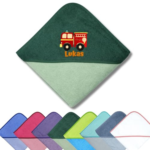 Generisch Kapuzenhandtuch Feuerwehr – mit Name – personalisiert – Babyhandtuch 100x100cm – Geschenk zur Geburt oder Taufe – Kinder Handtuch Bestickt - WÖRNER Handtuch